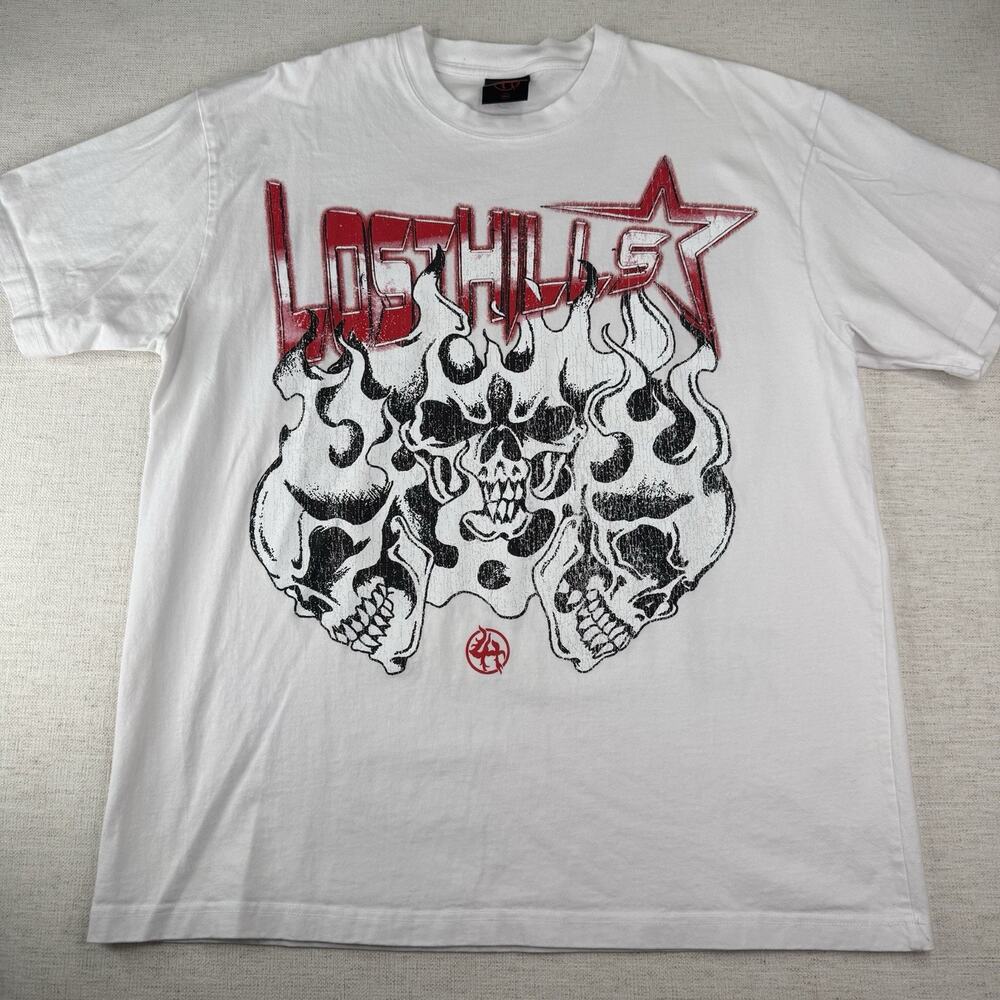 Lost Hills Shirt Triple Skull Men’s Size XL Short Sleeve Double Sided White Tee